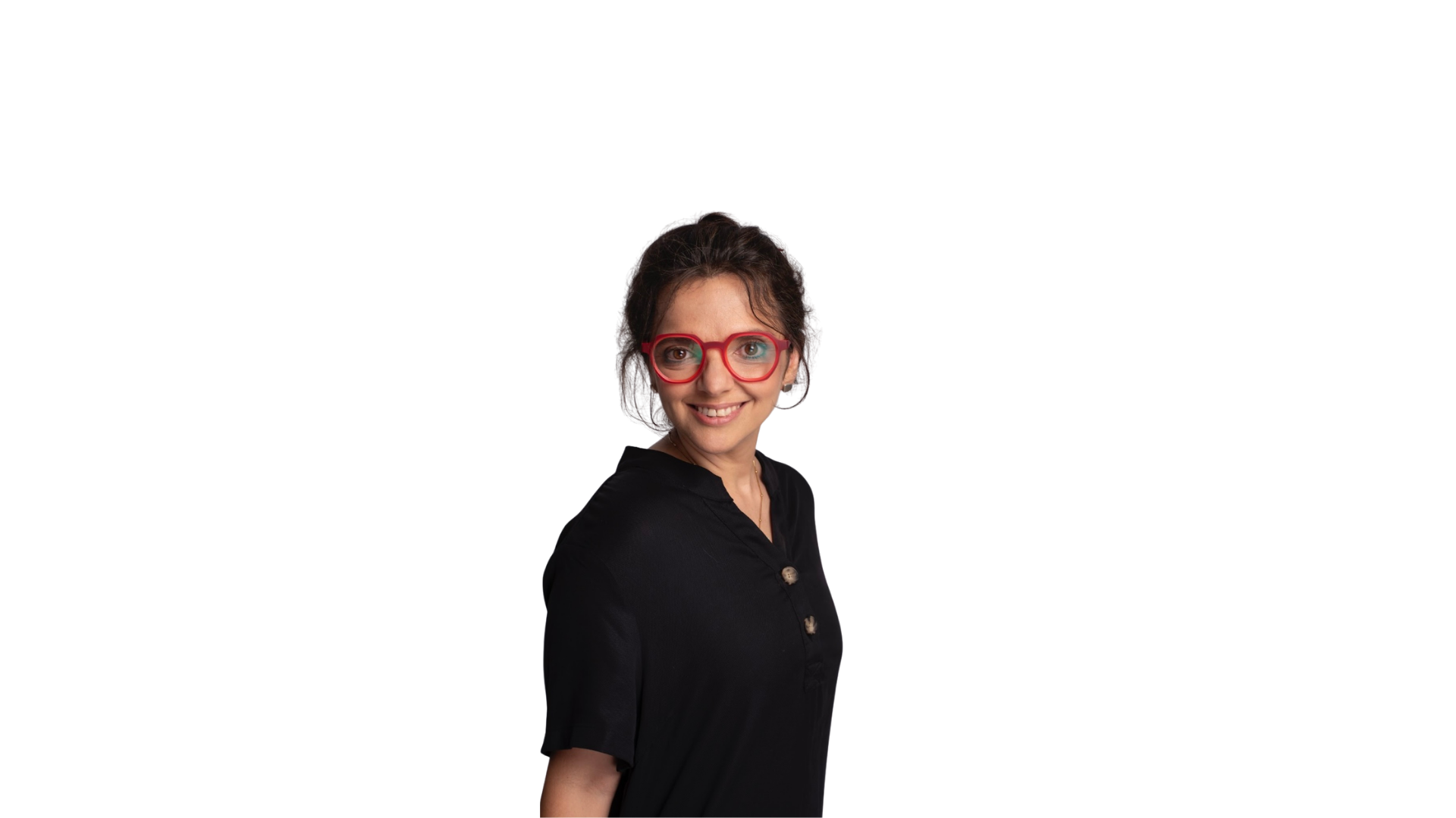 Retrato de Fiorella con lentes rojos